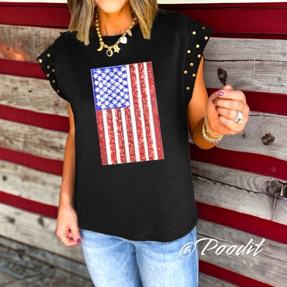 poodit Tops - Black detailed sequin flag top sz S M L